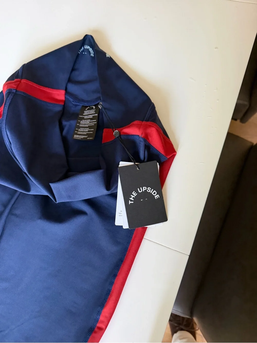 The Upside Navy Leggings with Red and White Side Stripes